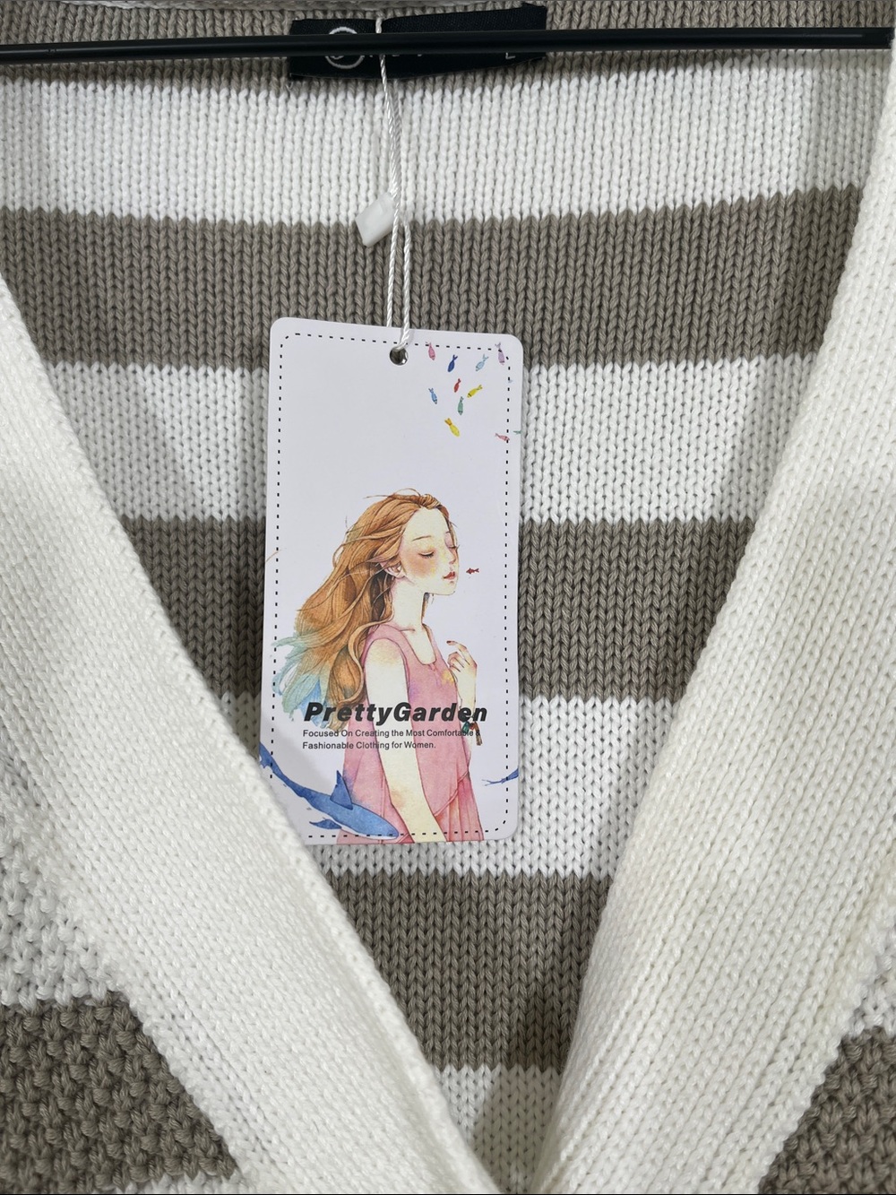 Striped V-Neck Button-Front Cardigan in Cream and Taupe - Picture 3 of 11